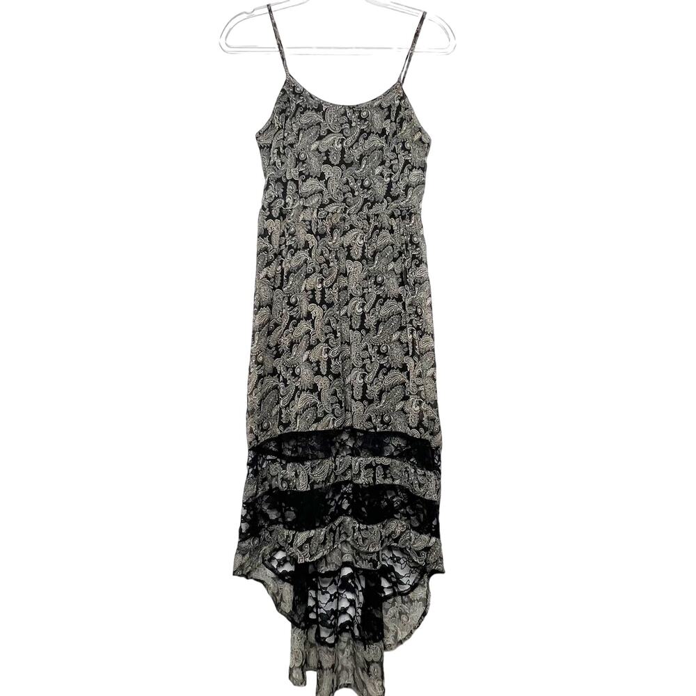 BAND OF GYPSIES Paisley Midi Dress High-Low Sleeveless Lace-Trim Black Cream XS